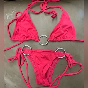 NWOT Sexy Skimpy Tri-Top Tie-Side Thong Hot Bikini w/ Jeweled Silver O-Rings
